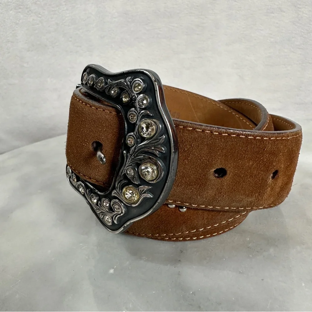 Justin‎ Rhinestone western belt dark brown leather suede silver cowgirl